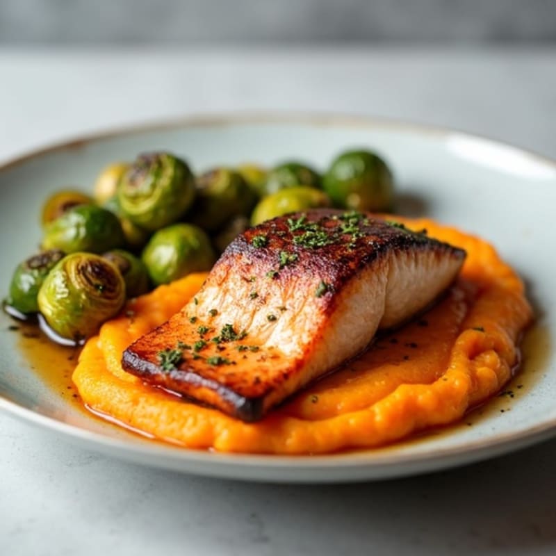 Seared Salmon with Roasted Brussels Sprouts and Sweet Potato Mash