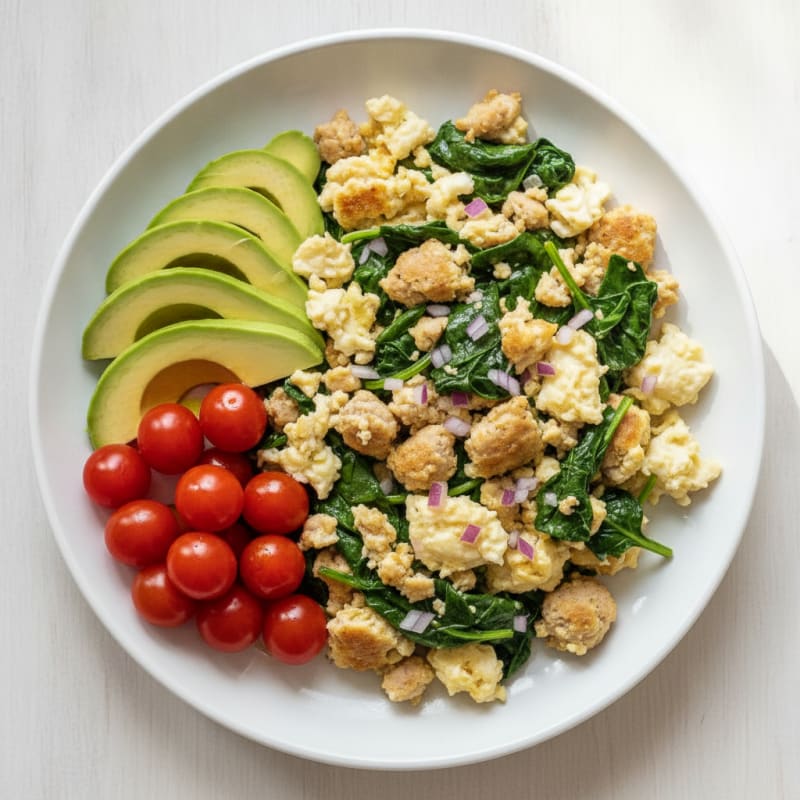Egg White Scramble with Turkey Sausage and Sautéed Spinach