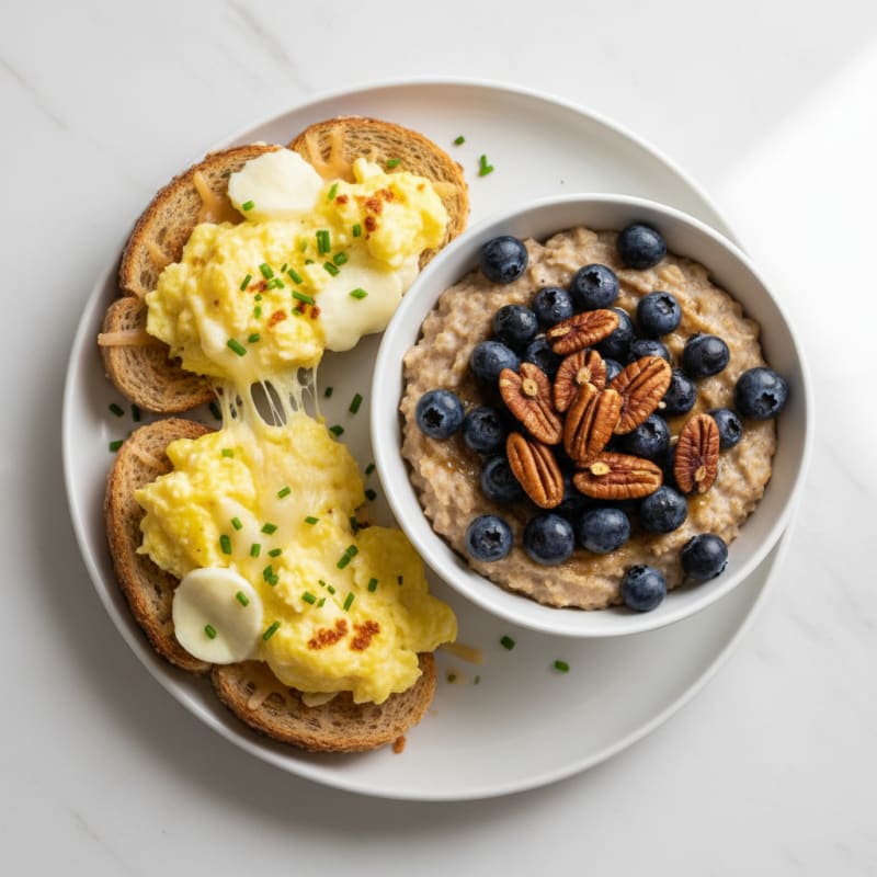 Egg and Mozzarella Wheat Toast with Blueberry Pecan Oatmeal