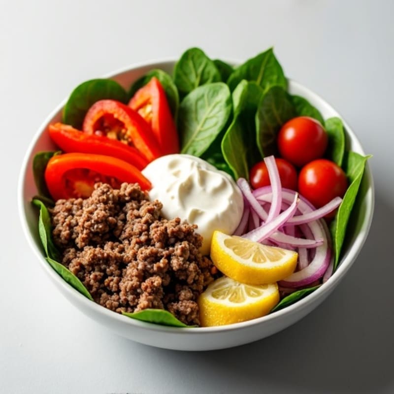 Lean Ground Beef and Crisp Veggie Bowl with Creamy Tangy Dressing