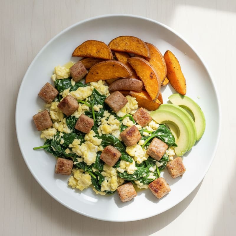 Crispy Turkey Sausage and Egg White Scramble with Spinach