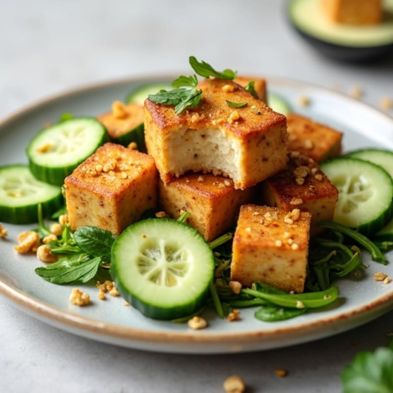 Crispy Baked Tofu with Fresh Cucumber and Peanut Dressing