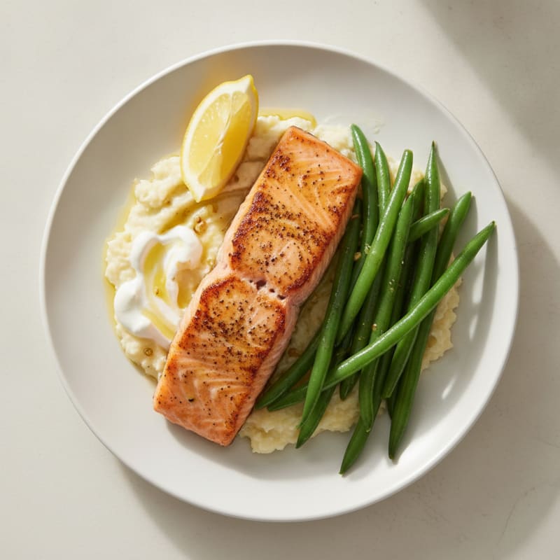 Seared Salmon Fillet with Steamed Green Beans and Garlic Mashed Cauliflower