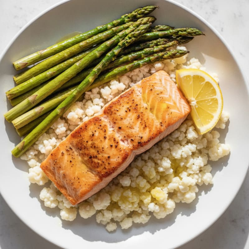 Seared Salmon with Roasted Asparagus and Cauliflower Rice