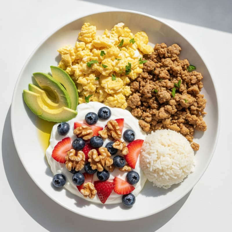 Greek Yogurt Parfait with Blueberries, Strawberries, Walnuts and Scrambled Eggs