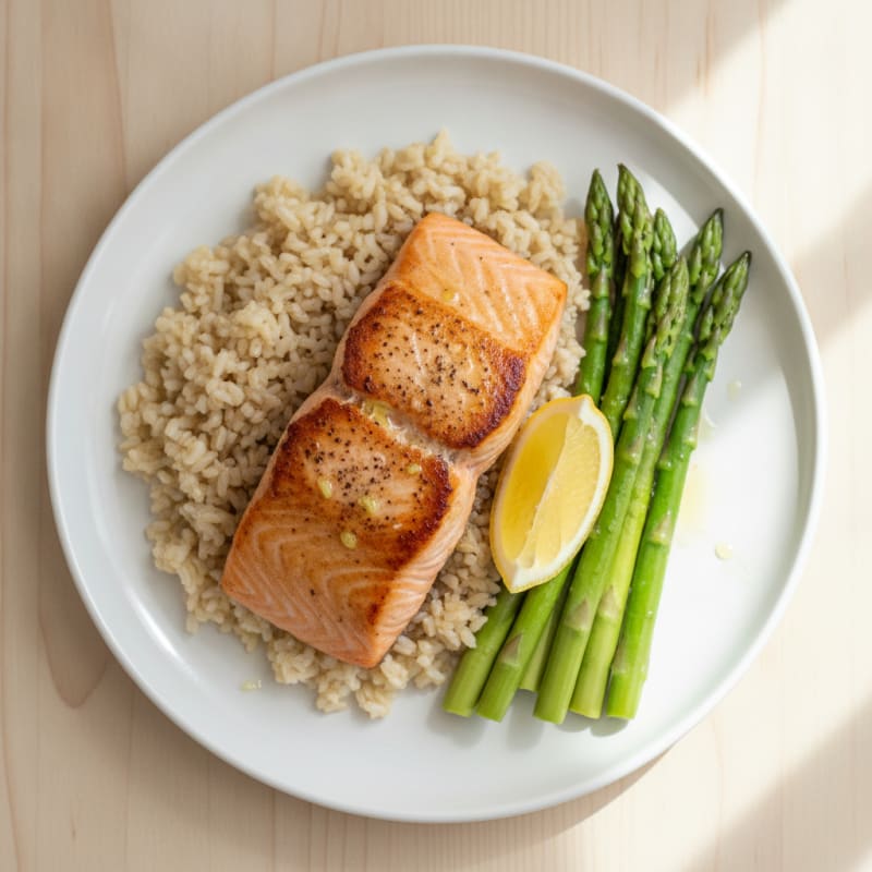 Seared Salmon with Steamed Brown Rice and Asparagus