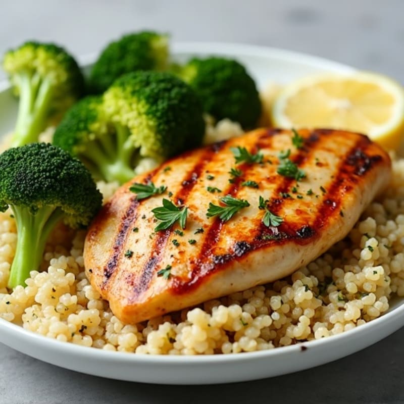 Grilled Lemon Herb Chicken Breast with Quinoa and Roasted Broccoli