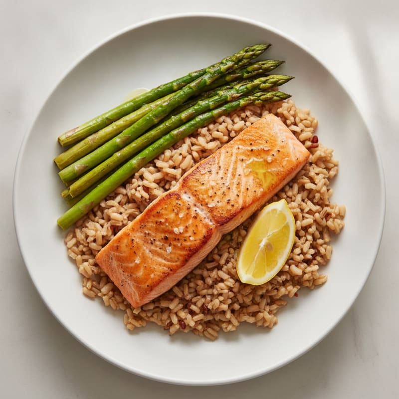 Seared Salmon Fillet with Steamed Asparagus and Brown Rice
