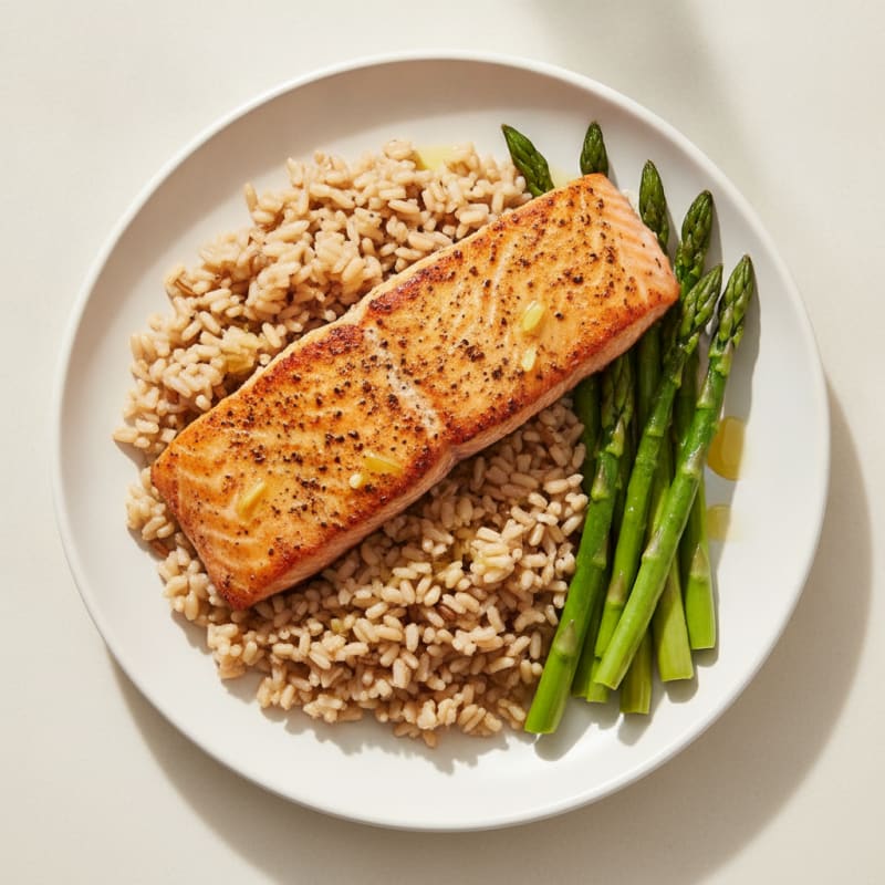 Seared Salmon with Brown Rice and Steamed Asparagus