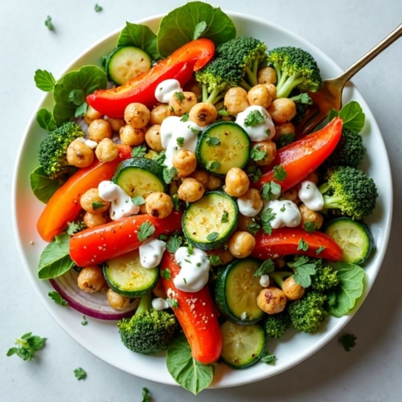 Sheet Pan Roasted Vegetables and Crispy Chickpeas with Lemon-Herb Dressing