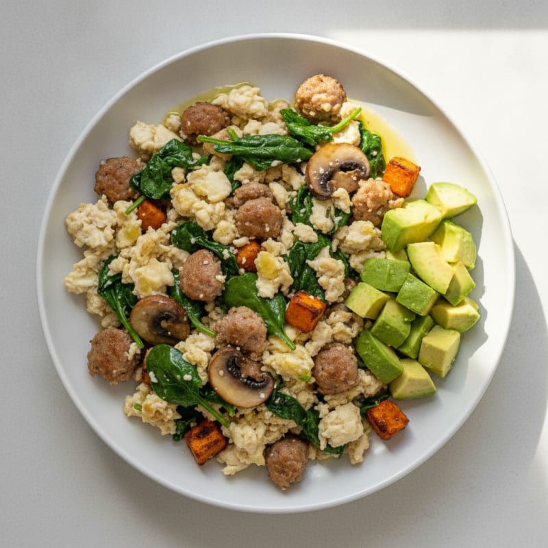 Egg White and Turkey Sausage Scramble with Spinach and Sautéed Mushrooms