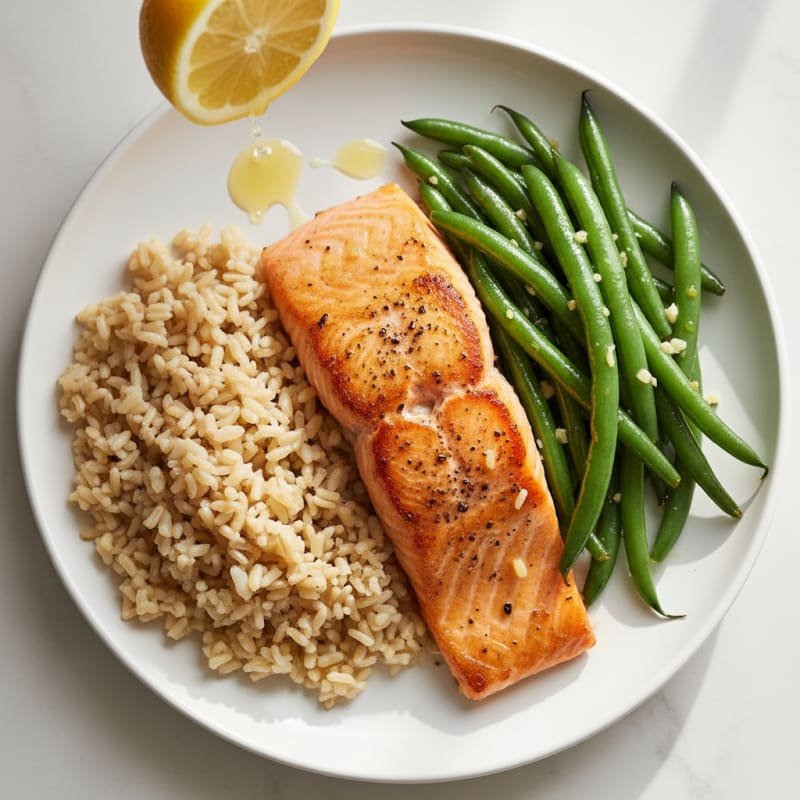 Seared Salmon with Garlic Green Beans and Brown Rice