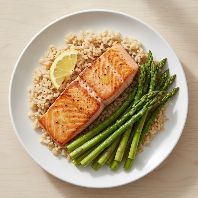 Seared Salmon Fillet with Steamed Asparagus and Brown Rice