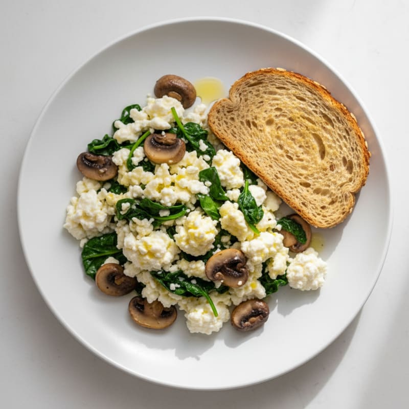 Egg White Spinach Scramble with Cottage Cheese and Sautéed Mushrooms