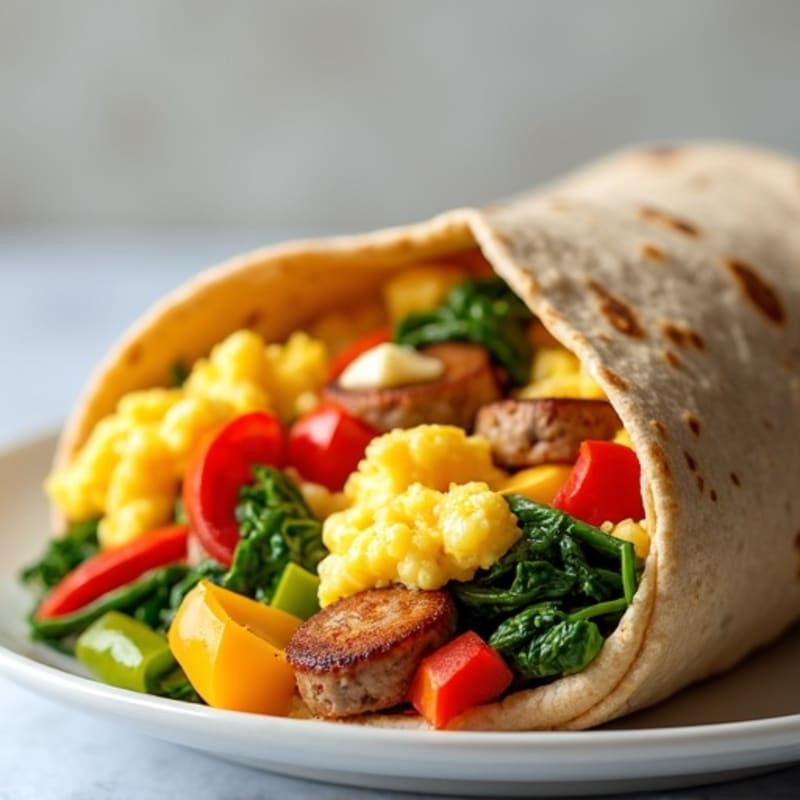 Scrambled Egg and Lean Turkey Sausage Breakfast Burrito with Sautéed Vegetables