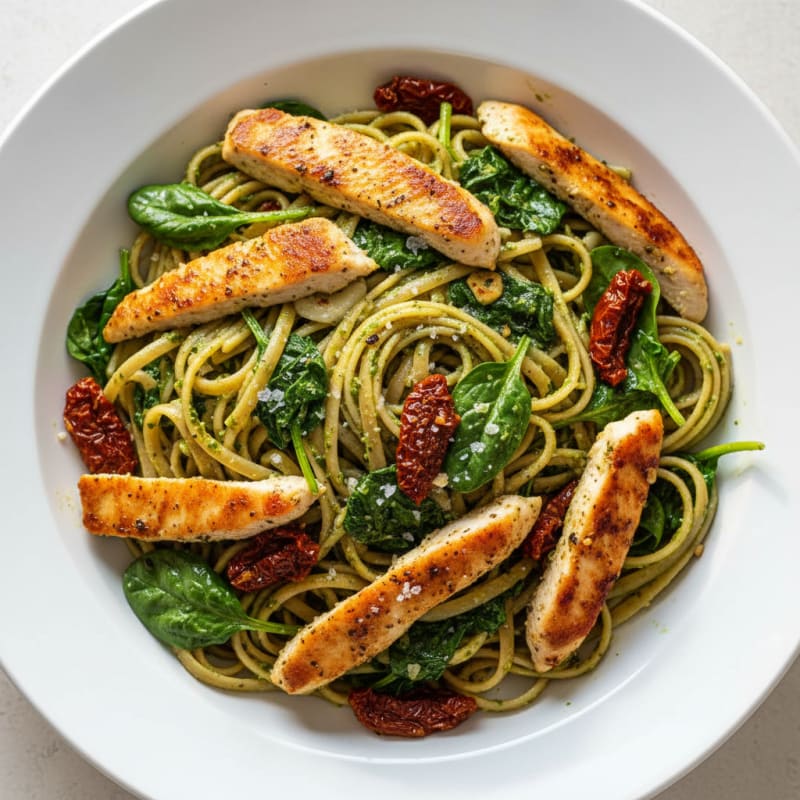 Pesto Chicken Linguine with Sun-Dried Tomatoes