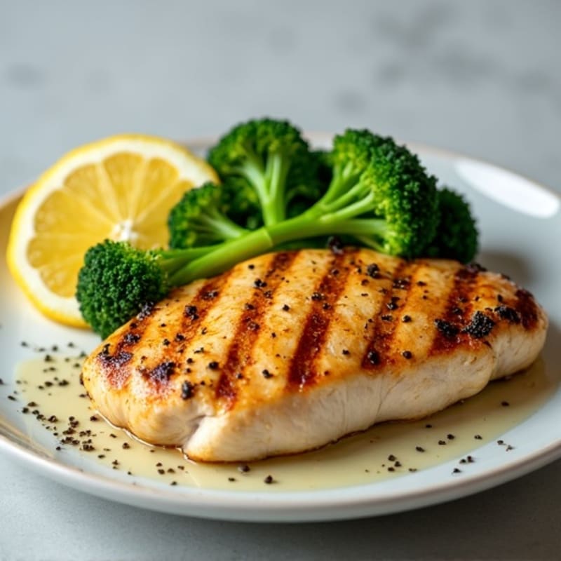 Grilled Chicken Breast with Steamed Broccoli and Lemon