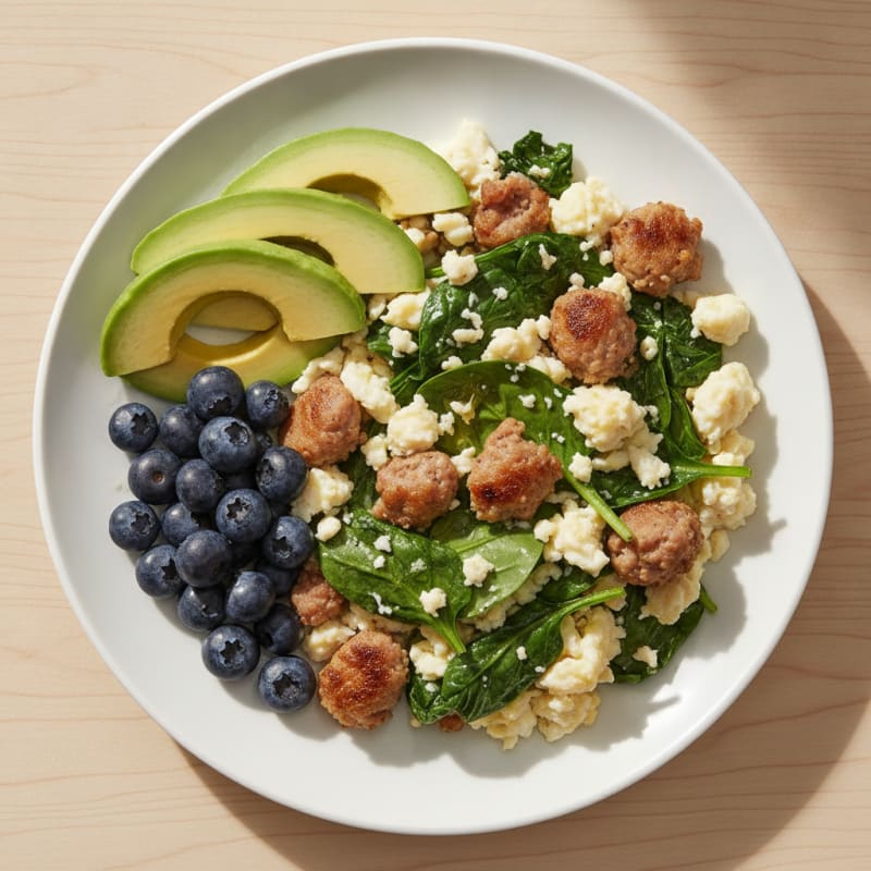 Egg White and Turkey Sausage Scramble with Sautéed Spinach