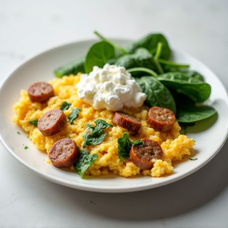 Egg White and Turkey Sausage Scramble with Spinach and Cottage Cheese