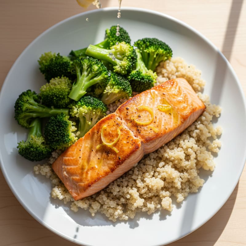 Seared Salmon Fillet with Steamed Broccoli and Quinoa