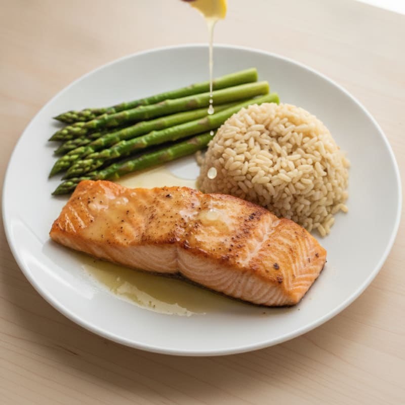 Seared Salmon Fillet with Steamed Asparagus and Brown Rice