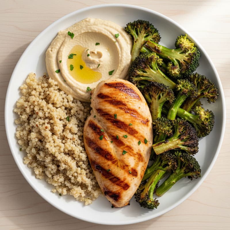 Grilled Chicken Breast with Quinoa, Roasted Broccoli, and Hummus