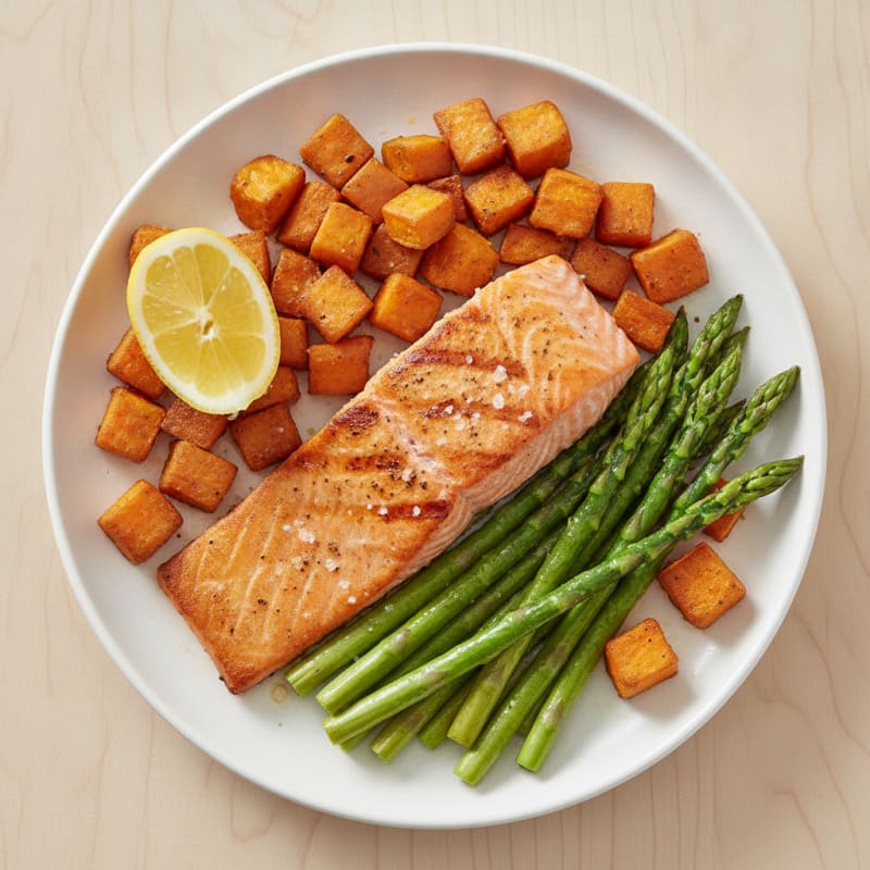 Seared Salmon with Roasted Sweet Potatoes and Asparagus