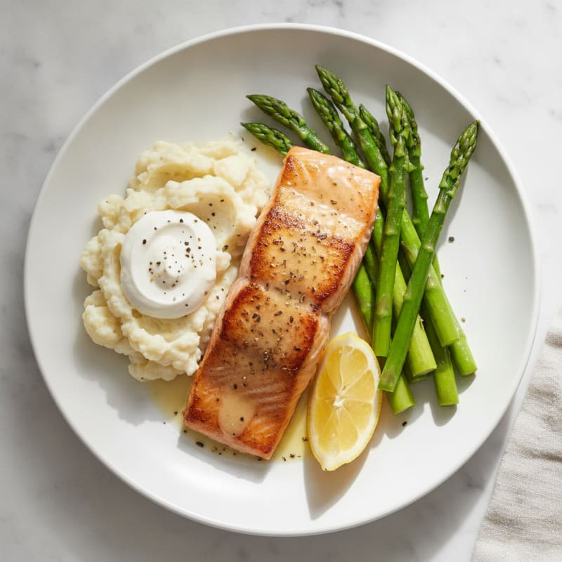 Seared Salmon with Steamed Asparagus and Mashed Cauliflower