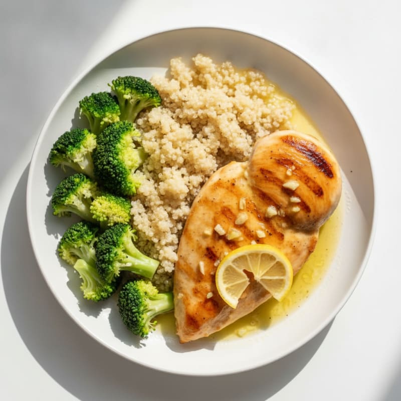 Grilled Lemon Garlic Chicken Breast with Quinoa and Steamed Broccoli
