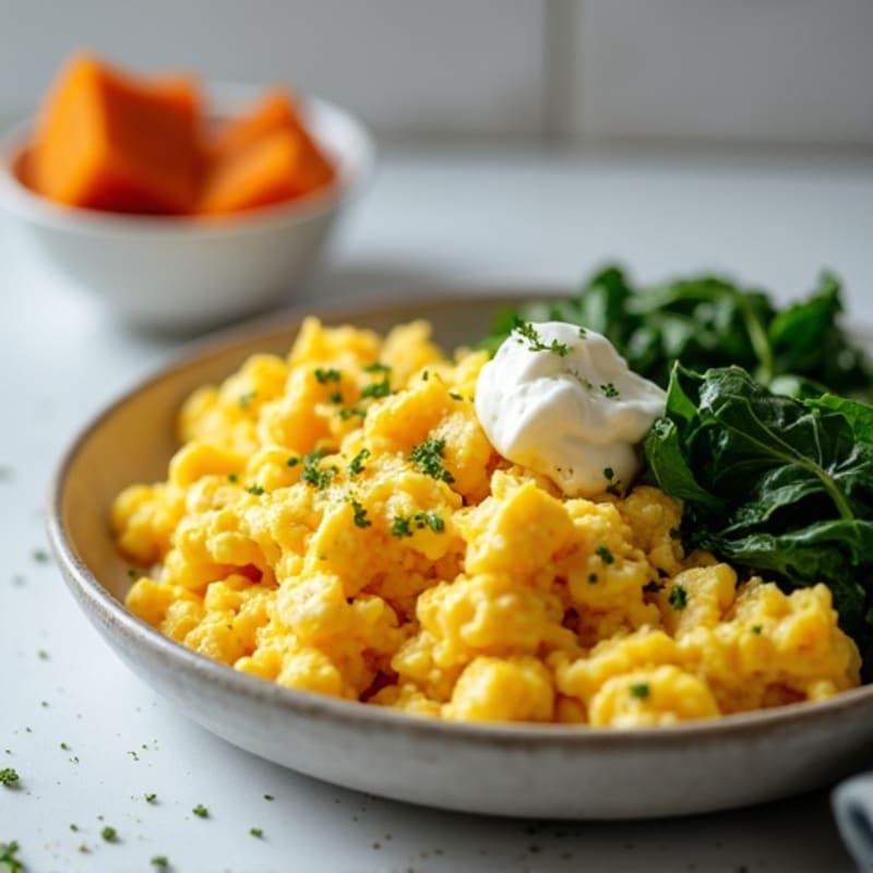 Fluffy Scrambled Eggs with Fresh Spinach and Roasted Sweet Potatoes