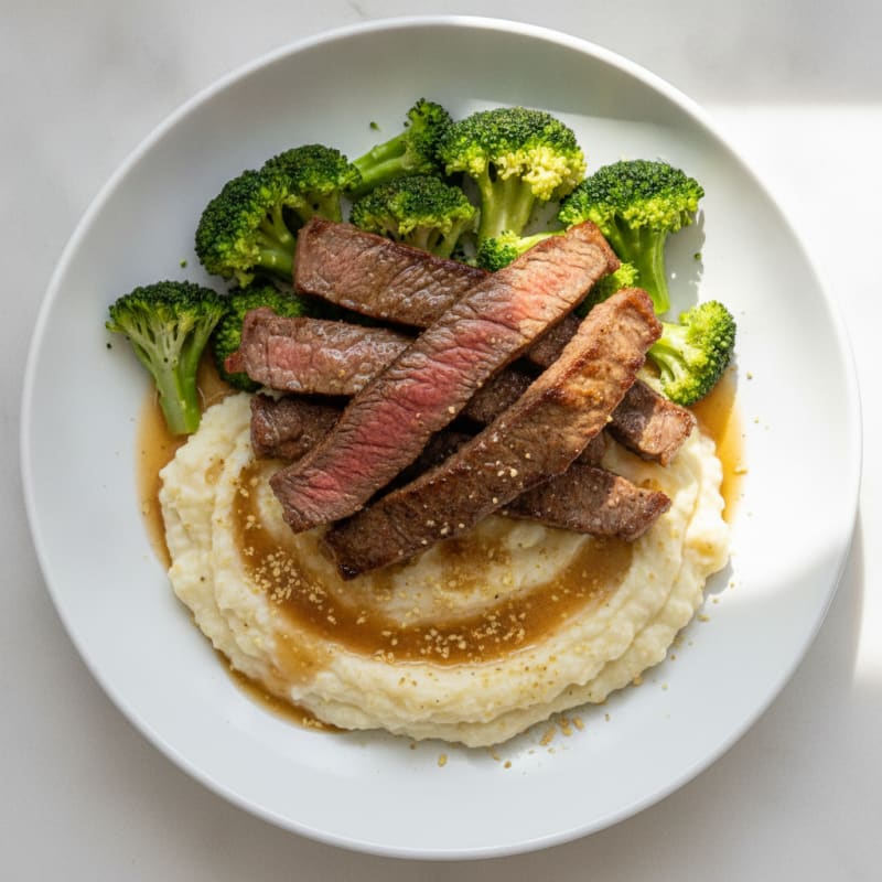 Seared Lean Beef Strips with Broccoli and Cauliflower Mash