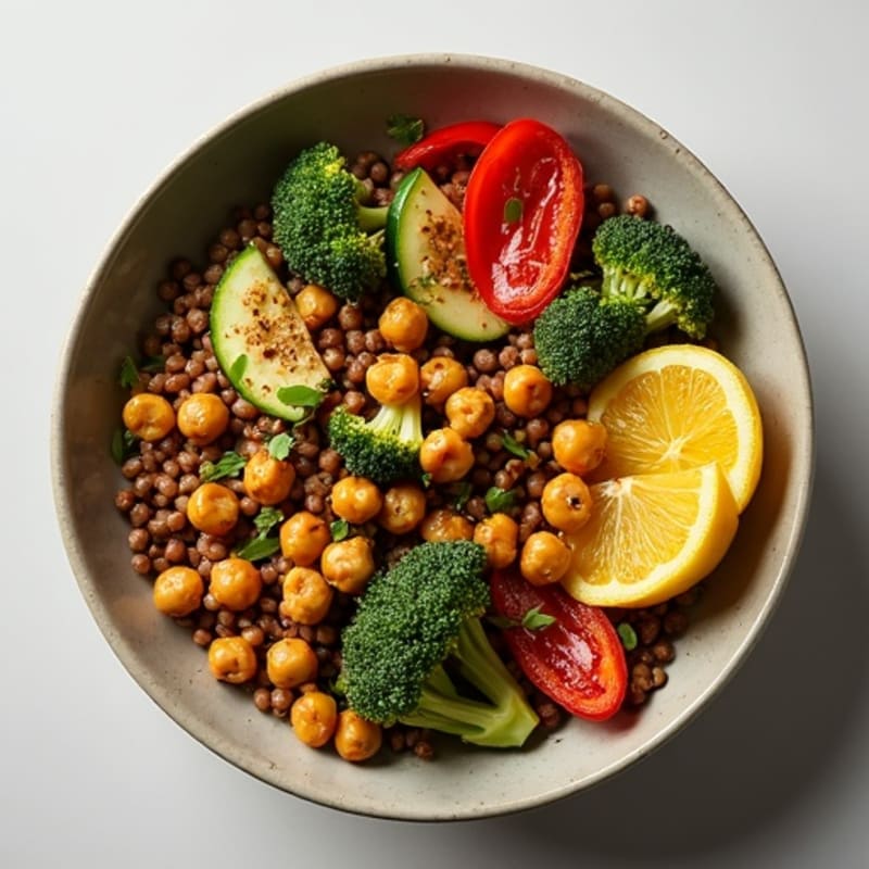 Hearty Herb-Infused Lentils with Crispy Garlic-Roasted Vegetables