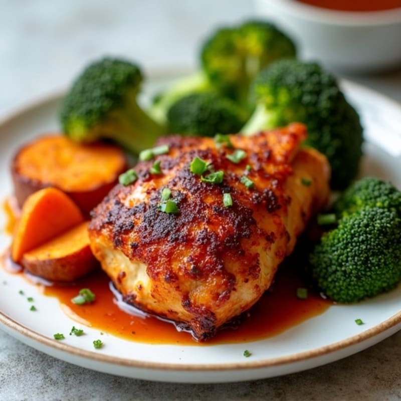 Crispy Baked Spicy BBQ Chicken Thighs with Roasted Sweet Potatoes and Broccoli