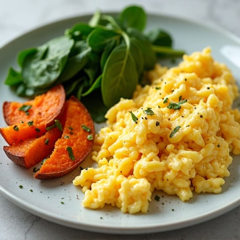 Fluffy Scrambled Eggs with Fresh Spinach and Roasted Sweet Potatoes