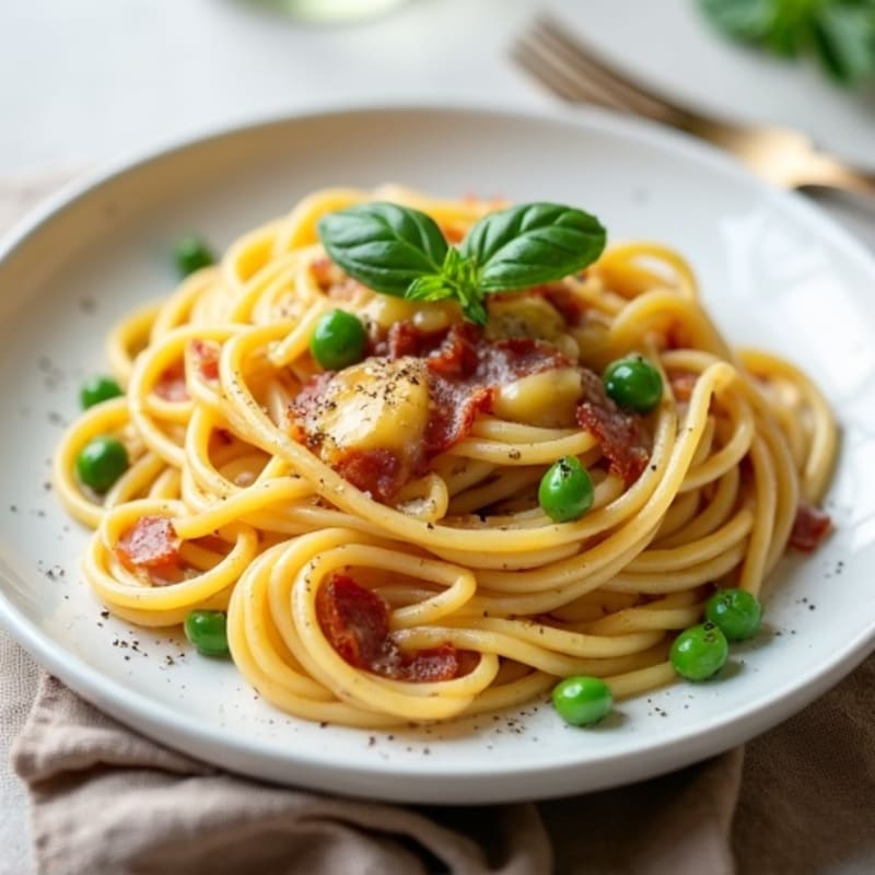 Creamy Egg Yolk Pasta with Crispy Prosciutto and Fresh Peas