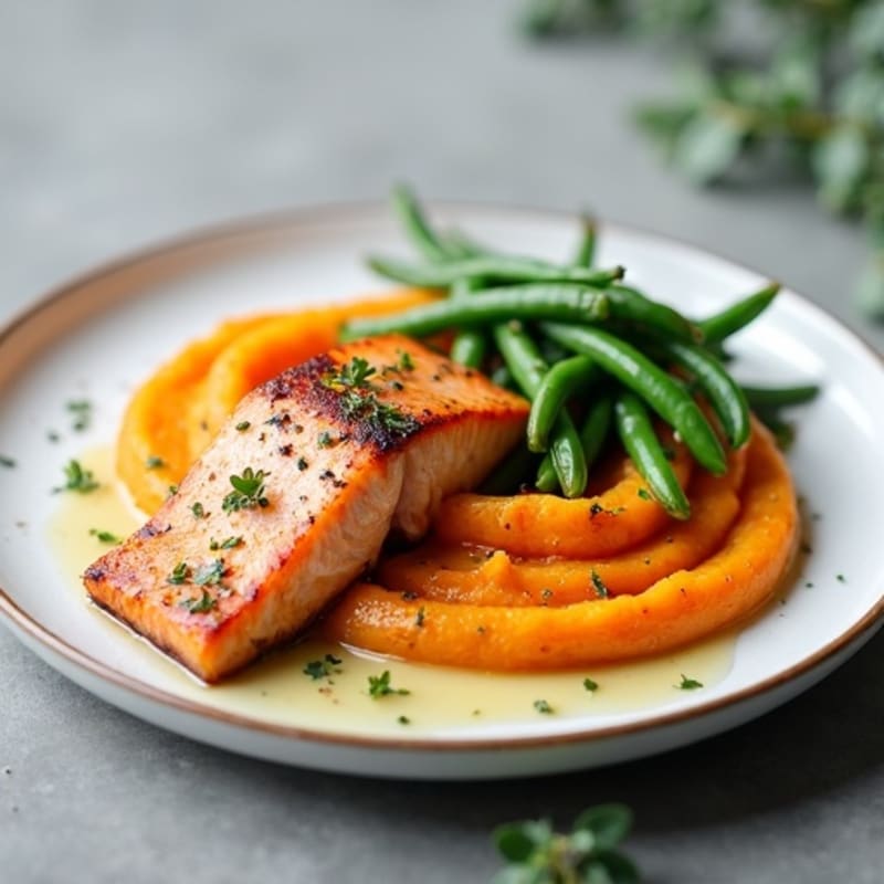 Seared Salmon with Garlic Green Beans and Sweet Potato Mash