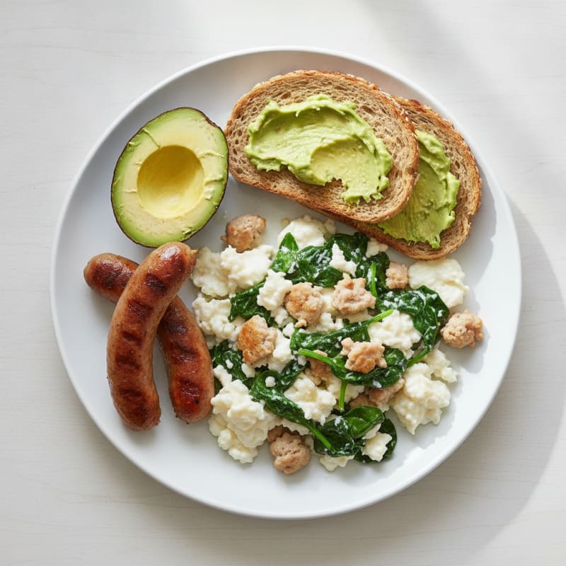 Egg White Scramble with Turkey Sausage and Sautéed Spinach