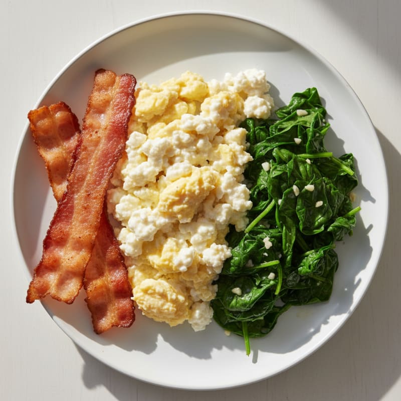Cottage Cheese Scramble with Turkey Bacon and Sautéed Spinach