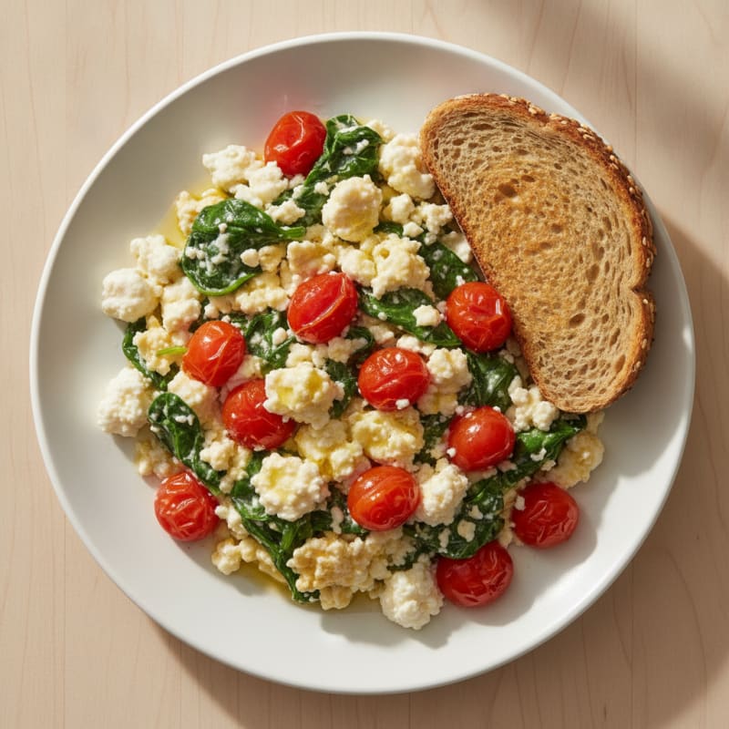 Cottage Cheese Egg Scramble with Spinach and Cherry Tomatoes