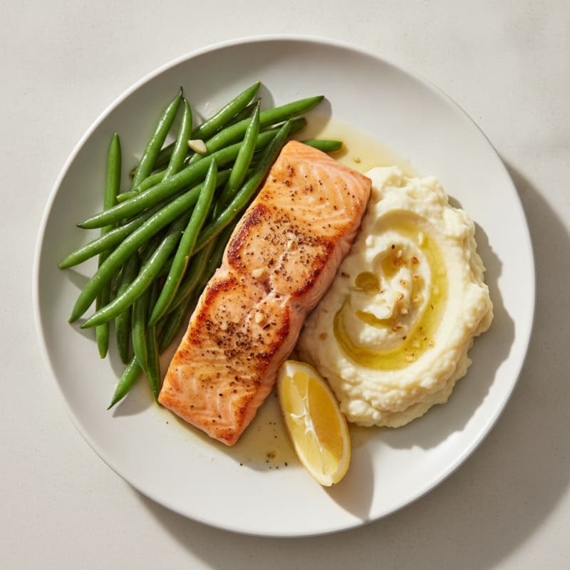 Seared Salmon with Steamed Green Beans and Garlic Mashed Cauliflower