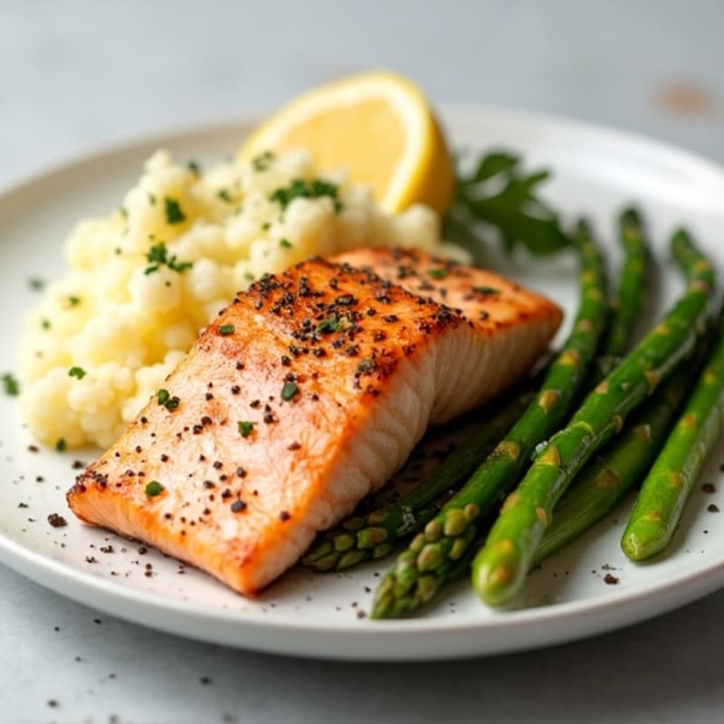 Seared Salmon with Steamed Asparagus and Garlic Mashed Cauliflower