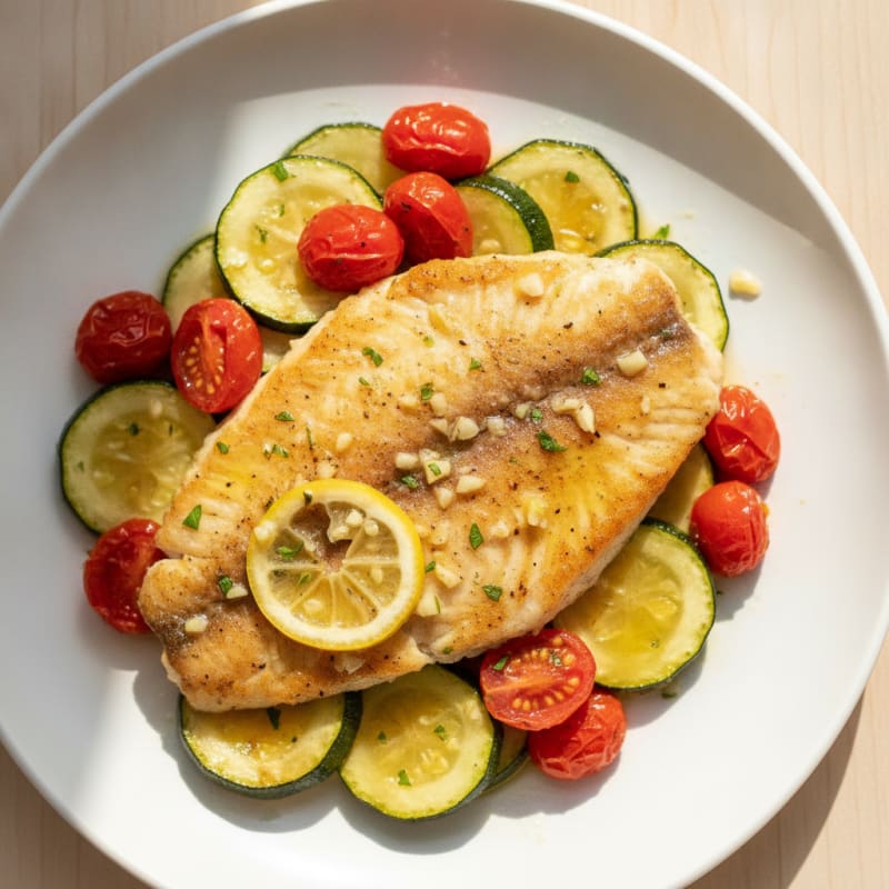 Seared Tilapia with Roasted Zucchini and Cherry Tomatoes