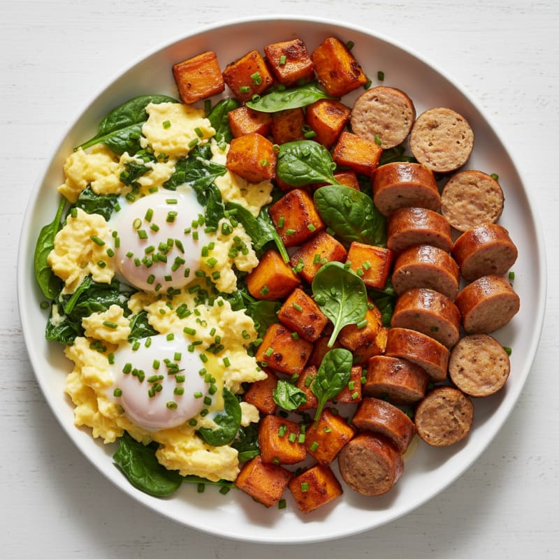 Scrambled Eggs with Chicken Sausage and Roasted Sweet Potatoes