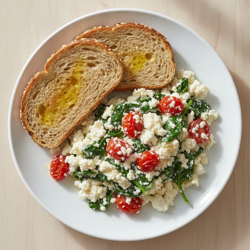 Cottage Cheese Egg White Scramble with Spinach and Tomatoes