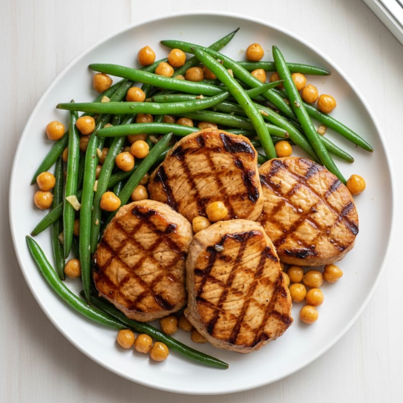 Grilled Seitan Steaks with Garlic Green Beans and Chickpeas