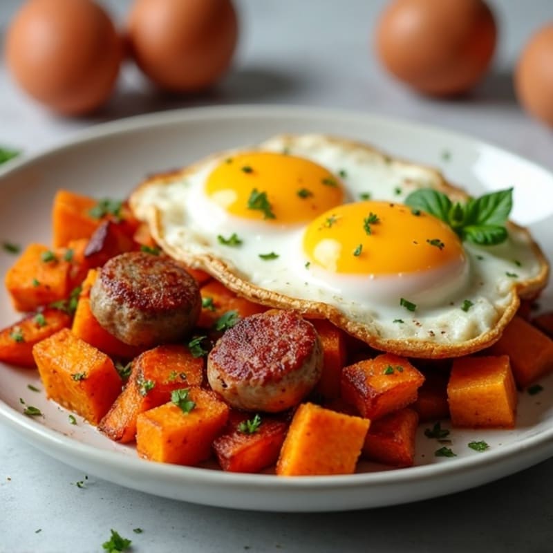 Crispy Sweet Potato Hash with Eggs and Lean Chicken Sausage