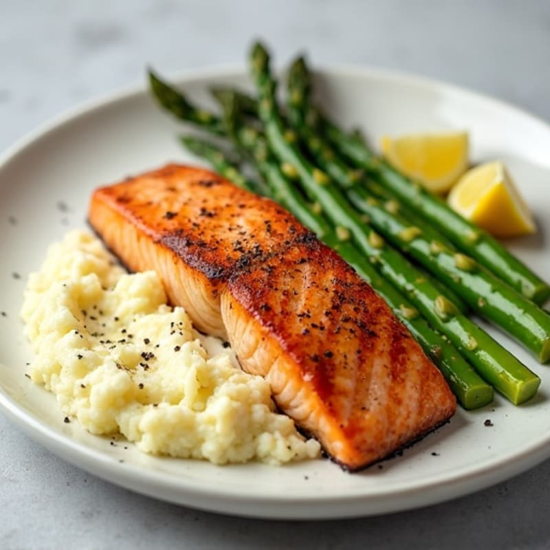 Seared Salmon with Steamed Asparagus and Cauliflower Mash