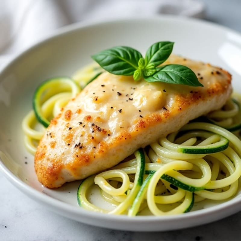 Creamy Cauliflower Alfredo Chicken with Zucchini Noodles