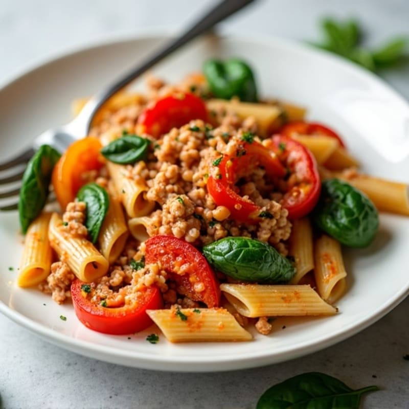 Lean Ground Turkey Pasta with Roasted Bell Peppers and Spinach