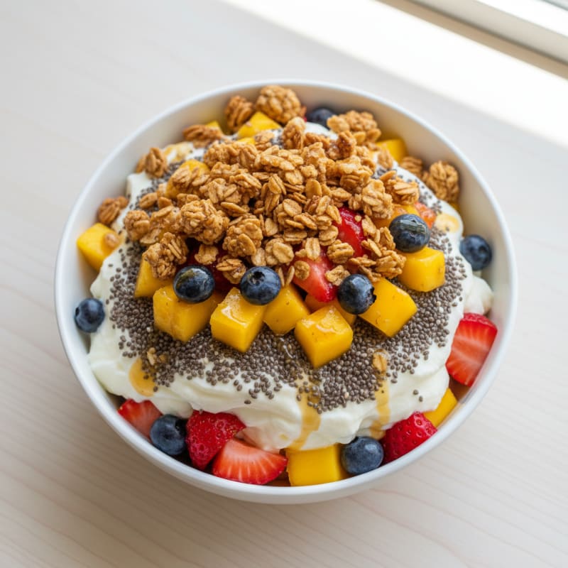 Creamy Vanilla Protein Yogurt Parfait with Chia and Mixed Fruit